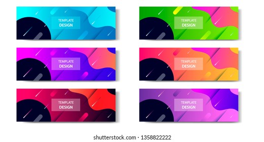 Six set abstract vibrant gradient and modern futuristic background design template collection for horizontal business banner in blue, orange, red, green, purple, black color