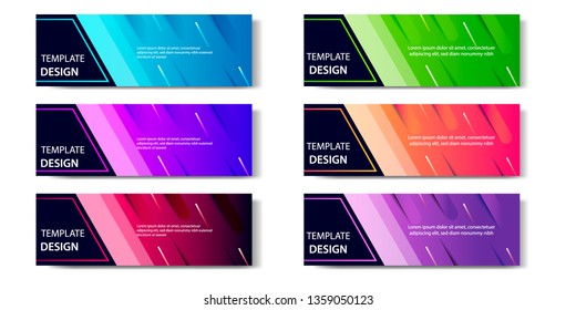 Six set abstract vibrant gradient and modern futuristic background design template collection for horizontal business banner in blue, orange, red, green, purple, black and golden boarder color. 