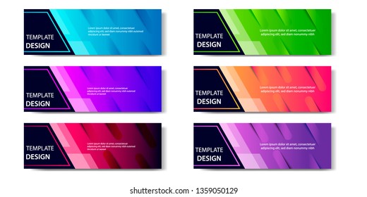 Six set abstract vibrant gradient and modern futuristic background design template collection for horizontal business banner in blue, orange, red, green, purple, black and golden boarder color. 