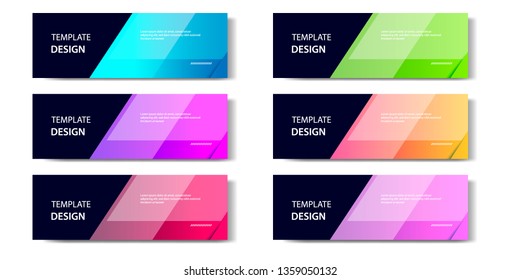 Six set abstract vibrant gradient and modern futuristic background design template collection for horizontal business banner in blue, orange, red, green, purple, black and golden boarder color. 