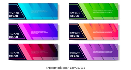 Six set abstract vibrant gradient and modern futuristic background design template collection for horizontal business banner in blue, orange, red, green, purple, black and golden boarder color. 