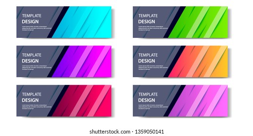Six set abstract vibrant gradient and modern futuristic background design template collection for horizontal business banner in blue, orange, red, green, purple, black and golden boarder color. 