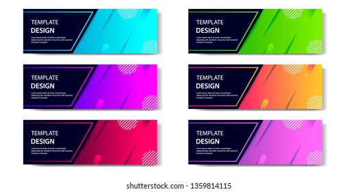 Six set abstract vibrant gradient and modern futuristic background design template collection for horizontal business banner in blue, orange, red, green, purple, black and golden boarder color. 