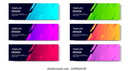 Six set abstract vibrant gradient and modern futuristic background design template collection for horizontal business banner in blue, orange, red, green, purple, black and golden boarder color. 