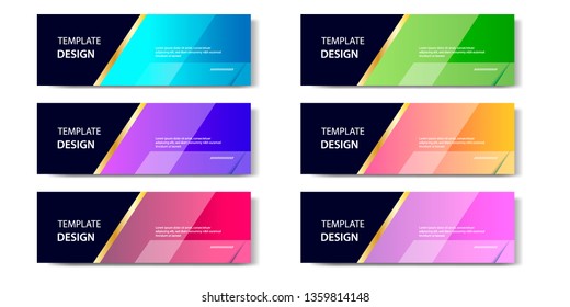 Six set abstract vibrant gradient and modern futuristic background design template collection for horizontal business banner in blue, orange, red, green, purple, black and golden boarder color. 