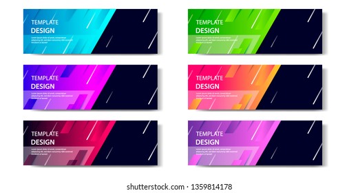 Six set abstract vibrant gradient and modern futuristic background design template collection for horizontal business banner in blue, orange, red, green, purple, black and golden boarder color. 