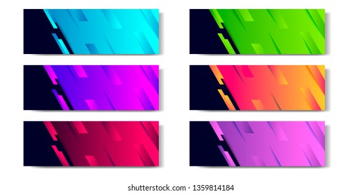 Six set abstract vibrant gradient and modern futuristic background design template collection for horizontal business banner in blue, orange, red, green, purple, black and golden boarder color. 