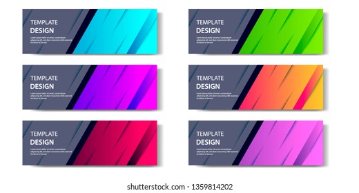 Six set abstract vibrant gradient and modern futuristic background design template collection for horizontal business banner in blue, orange, red, green, purple, black and golden boarder color. 