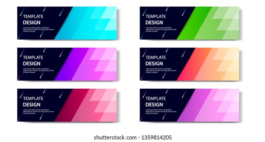 Six set abstract vibrant gradient and modern futuristic background design template collection for horizontal business banner in blue, orange, red, green, purple, black and golden boarder color. 