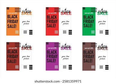 six set Black Friday typography banner. Minimalist text symbol of Black Friday with holographic stickers and discount offer. Design template for Black Friday sale, advertising and social media.