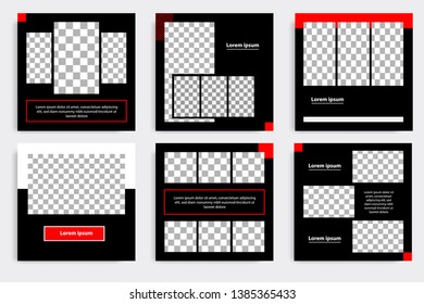 Six set editable minimal square banner template. Black and red background color geometric shape. Suitable for social media post and web/internet ads promotion. Vector illustration with photo college.