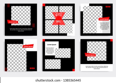 Six set editable minimal square banner template. Black and red background color geometric shape. Suitable for social media post and web/internet ads promotion. Vector illustration with photo college.