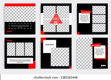 Six set editable minimal square banner template. Black and red background color geometric shape. Suitable for social media post and web/internet ads promotion. Vector illustration with photo college.