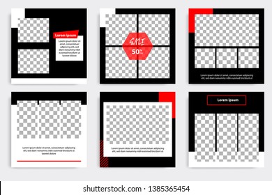Six set editable minimal square banner template. Black and red background color geometric shape. Suitable for social media post and web/internet ads promotion. Vector illustration with photo college.