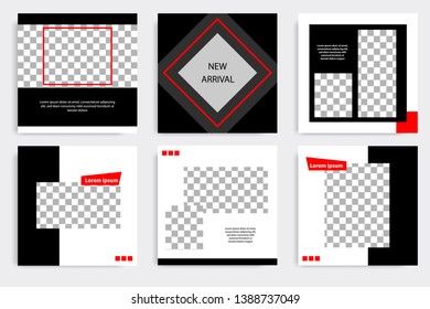 Six set editable minimal square banner template. Black and red background color geometric shape. Suitable for social media post and web/internet ads promotion. Vector illustration with photo college.