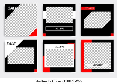 Six set editable minimal square banner template. Black and red background color geometric shape. Suitable for social media post and web/internet ads promotion. Vector illustration with photo college.