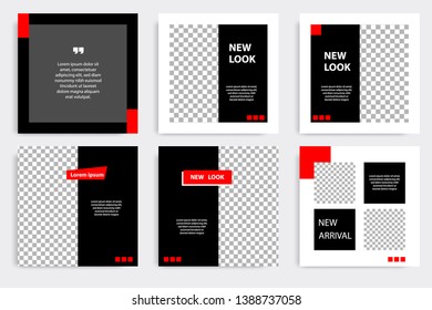 Six set editable minimal square banner template. Black and red background color geometric shape. Suitable for social media post and web/internet ads promotion. Vector illustration with photo college.