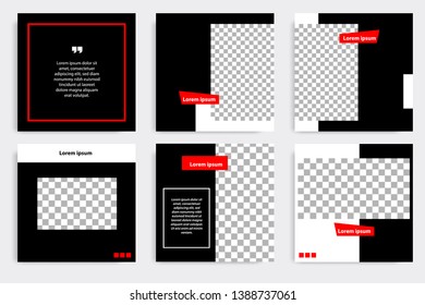Six set editable minimal square banner template. Black and red background color geometric shape. Suitable for social media post and web/internet ads promotion. Vector illustration with photo college.