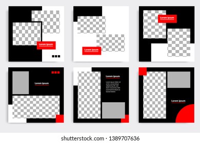 Six set editable minimal square banner template. Black and red background color geometric shape. Suitable for social media post and web/internet ads promotion. Vector illustration with photo college.