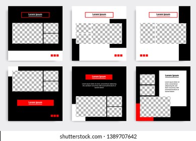 Six set editable minimal square banner template. Black and red background color geometric shape. Suitable for social media post and web/internet ads promotion. Vector illustration with photo college.