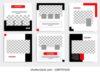 Six set editable minimal square banner template. Black and red background color geometric shape. Suitable for social media post and web/internet ads promotion. Vector illustration with photo college.