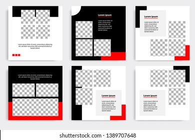 Six set editable minimal square banner template. Black and red background color geometric shape. Suitable for social media post and web/internet ads promotion. Vector illustration with photo college.