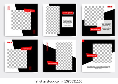 Six set editable minimal square banner template. Black and red background color geometric shape. Suitable for social media post and web/internet ads promotion. Vector illustration with photo college.