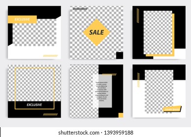 Six set editable minimal square banner template. Black yellow background color geometric square line shape. Suitable for social media post and web ads promotion. Vector illustration with photo college