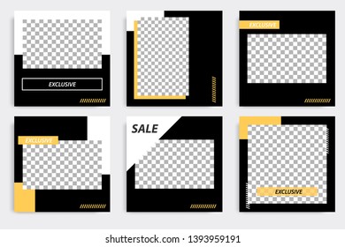 Six set editable minimal square banner template. Black yellow background color geometric square line shape. Suitable for social media post and web ads promotion. Vector illustration with photo college