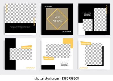 Six set editable minimal square banner template. Black yellow background color geometric square line shape. Suitable for social media post and web ads promotion. Vector illustration with photo college