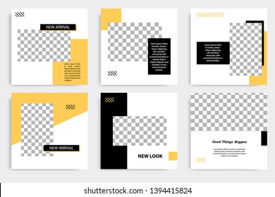 Six set editable minimal square banner template. Black yellow background color geometric square line shape. Suitable for social media post and web ads promotion. Vector illustration with photo college