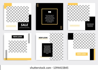 Six set editable minimal square banner template. Black yellow background color geometric square line shape. Suitable for social media post and web ads promotion. Vector illustration with photo college