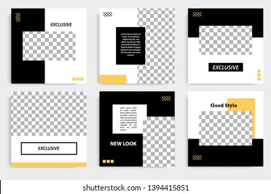Six set editable minimal square banner template. Black yellow background color geometric square line shape. Suitable for social media post and web ads promotion. Vector illustration with photo college