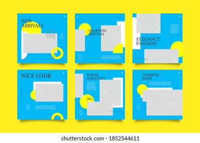 Six set editable minimal square banner template. Blue yellow background color geometric square line shape. Suitable for social media post and web ads promotion. Vector illustration with photo college