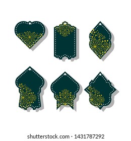 
six set of Green hang tag, labels with flower ornaments. Vector design