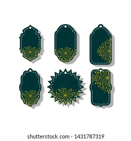 
six set of Green hang tag, labels with flower ornaments. Vector design