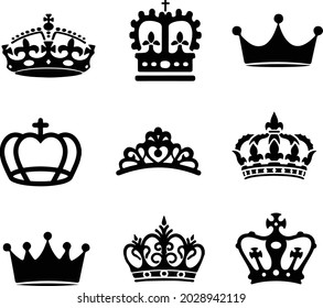 Seis Juego de íconos aislados de coronas monarcas o rey 2d dorado, logotipo de la dirección reina, logotipo de príncipe o princesa tiara lisa, diadema heráldico o icono del juego real. Heralgia negra y coronación