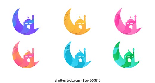 Six set of modern gradient colorful Moon and Mosque in paper cut layered style. Vector Illustration