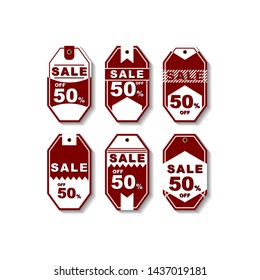 six set of Modern Red pricing tag labels. Sale offer badge. promo sealsstickers. Isolated illustration. Flat Vector design. sale, discount, price, 50%