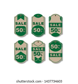 six set of Modern Red pricing tag labels. Sale offer badge. promo sealsstickers. Isolated illustration. Flat Vector design. sale, discount, price, 50%