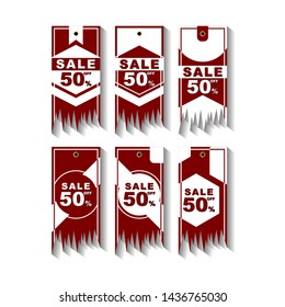 six set of Modern Red tag labels. Sale offer badge. promo sealsstickers. Isolated illustration. Flat Vector design. sale, discount, pricing, 50%