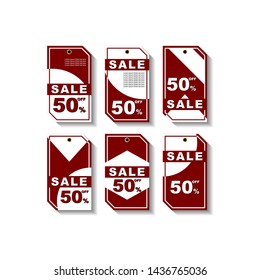 six set of Modern Red tag labels. Sale offer badge. promo sealsstickers. Isolated illustration. Flat Vector design. sale, discount, pricing, 50%