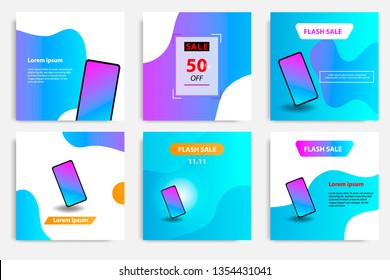 Six set modern wave fluid background template with gradient blue, pink, purple gradation for promotional. For social media post, stories, story, internet web banner, flyer, poster and brochure.