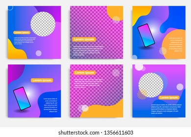 Six set modern wave fluid background template with gradient blue, pink, purple gradation for promotional. For social media post, stories, story, internet web banner, flyer, poster and brochure.