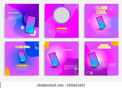 Six set modern wave fluid background template with gradient blue, pink, purple gradation for promotional. For social media post, stories, story, internet web banner, flyer, poster and brochure.