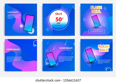 Six set modern wave fluid background template with gradient blue, pink, purple gradation for promotional. For social media post, stories, story, internet web banner, flyer, poster and brochure.