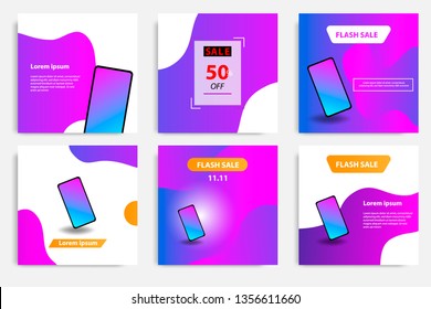 Six set modern wave fluid background template with gradient blue, pink, purple gradation for promotional. For social media post, stories, story, internet web banner, flyer, poster and brochure.