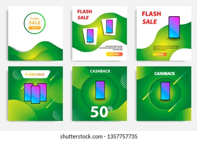Six set modern wave fluid background template with gradient green, orange, yellow gradation for promotional. For social media post, stories, story, internet web banner, flyer, poster and brochure.