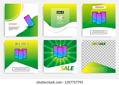 Six set modern wave fluid background template with gradient green, orange, yellow gradation for promotional. For social media post, stories, story, internet web banner, flyer, poster and brochure.