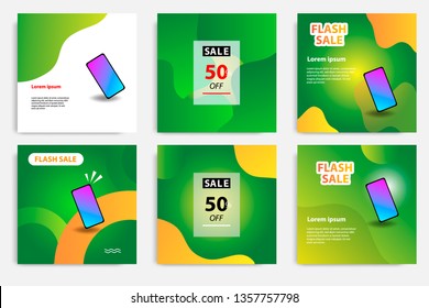 Six set modern wave fluid background template with gradient green, orange, yellow gradation for promotional. For social media post, stories, story, internet web banner, flyer, poster and brochure.